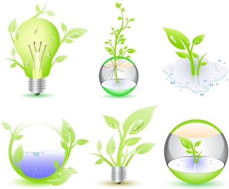 eco icon collection illustration with green trees bulbs