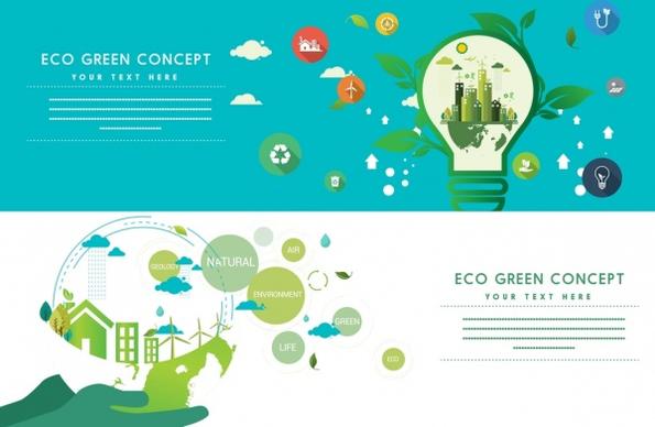 green ecology banners horizontal design lightbulb globe icons