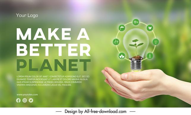 green energy poster template leaf lightbulb holding hand sketch modern blurred realistic design 