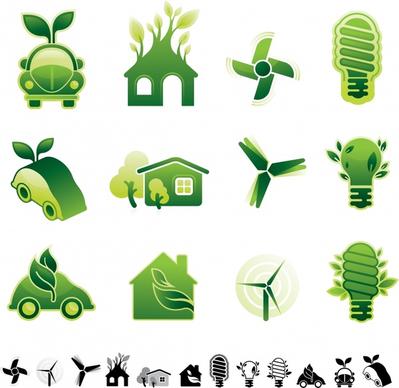 eco design elements green car house lightbulb windmill