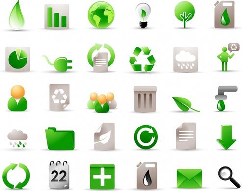 ecology icons collection modern flat green grey shapes