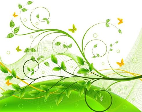 nature background green trees butterflies icons curves decor