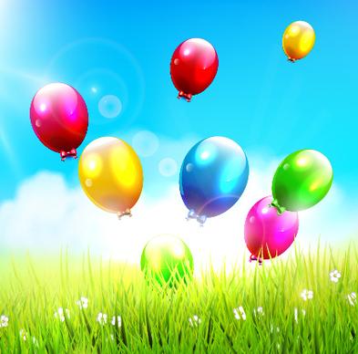 green grass and colored balloons background