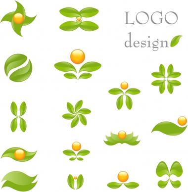 leaf logo templates flat green design curves ornament