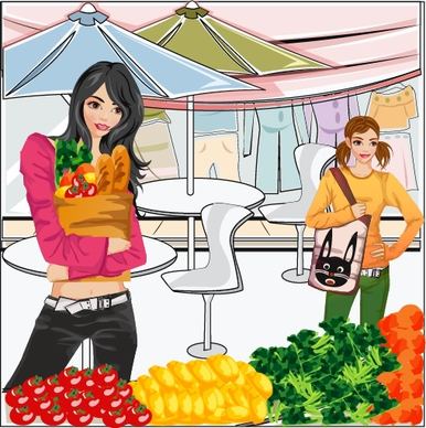 lifestyle background shopping woman vegetable icons cartoon sketch