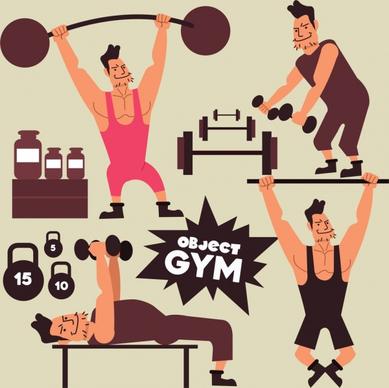 gym design elements athlete weight icons cartoon design