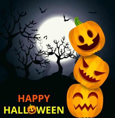 halloween banner scary pumpkin icons dark moonlight background