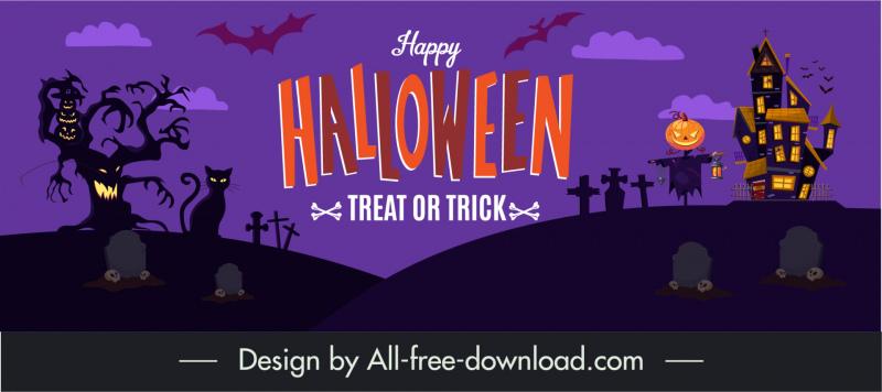 halloween  banner template dark silhouette design cat leafless tree tombs haunted house sketch