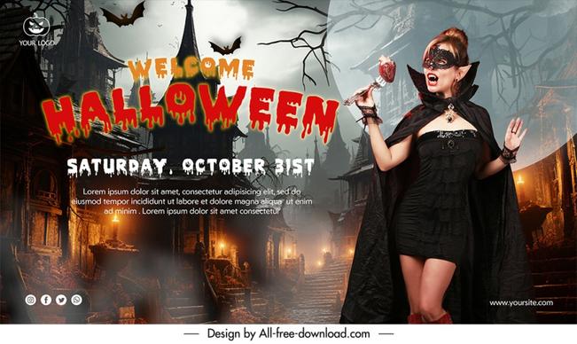 halloween banner template dynamic woman witch costume frightening scene 