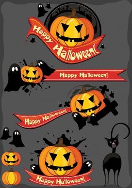 halloween design elements pumpkin ghost cat ribbon sketch