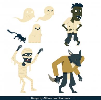 halloween characters icons ghost zombie werewolf mummy sketch