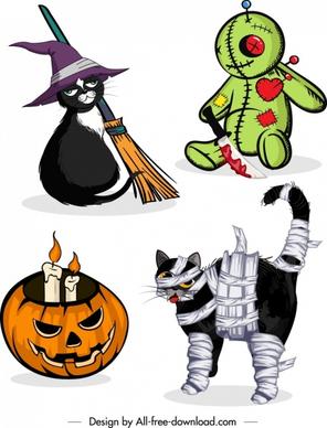 halloween design elements cat bloody toy pumpkin icons