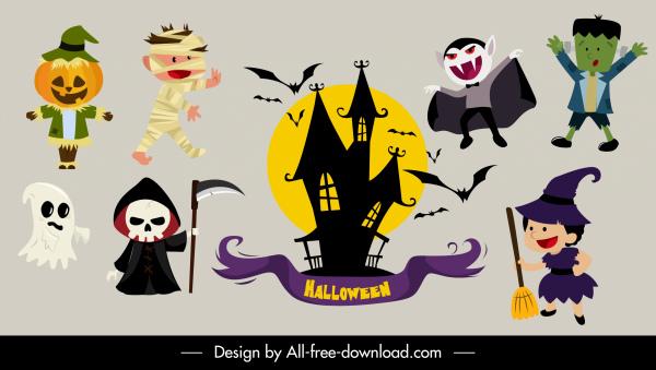 halloween design elements horror symbols sketch