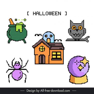 halloween design elements pixel art  frightening symbols 