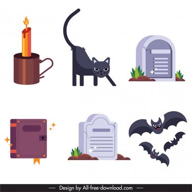 halloween design elements tomb bats cat candle sketch