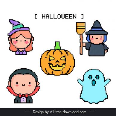 halloween elements pixel art costumes symbols 