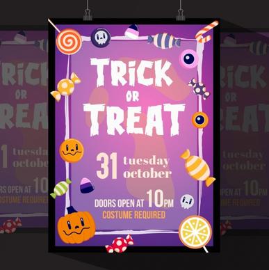 halloween flyer template violet decor candies pumpkins icons