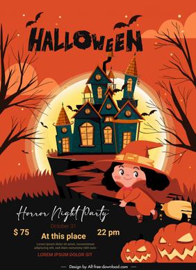 halloween horror night party poster cute cartoon witch girl haunted house moonlight sketch 