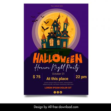 halloween horror night party poster horrible castle moonlight bats sketch