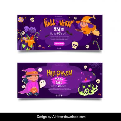   halloween mega sale banners cute child witch horror skulls ghosts decor cartoon design 