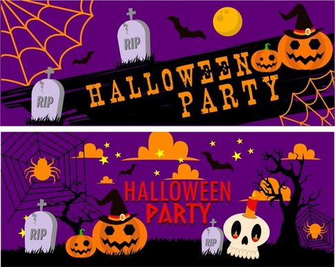 halloween party banners symbol elements on violet backdrop