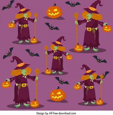 halloween pattern old witches pumpkins icons repeating design