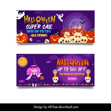 halloween super sale banner template cute witch horror ghosts skulls pumpkins moonlight elements decor 