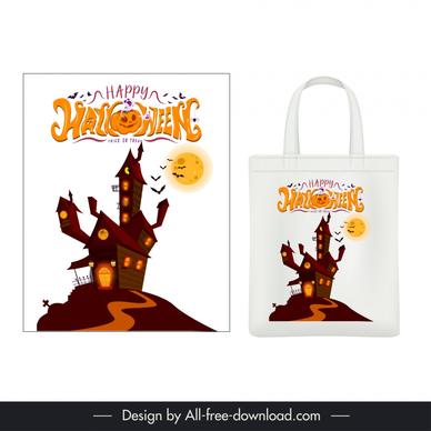 halloween tote bag design elements frightening castle stylized texts