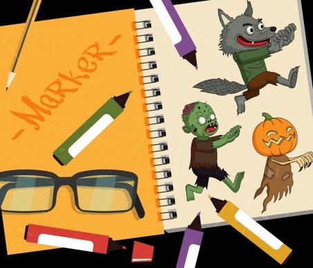 halloween workart background scary characters marker pens icons