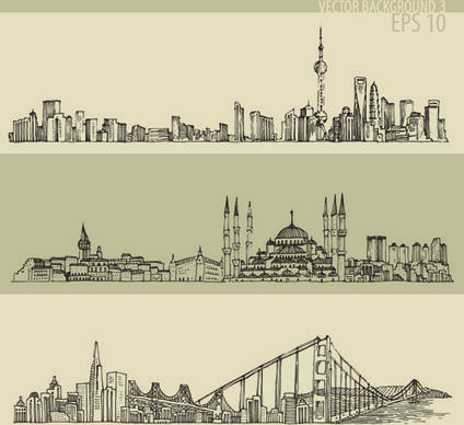 hand drawing city retro background vector