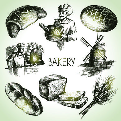 hand drawn bakery elements icons vector
