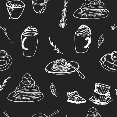 hand drawn coffee and cake seamless pattern vector