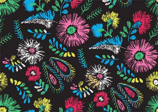 hand drawn colored flower and feather pattern vector