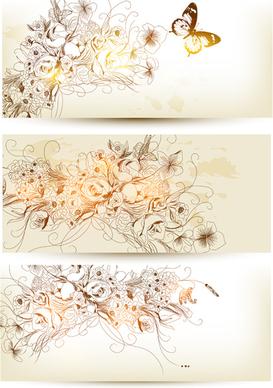 hand drawn floral with butterflies vector banner
