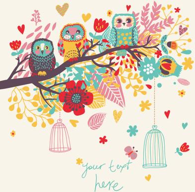 hand drawn flowers and birds background vector