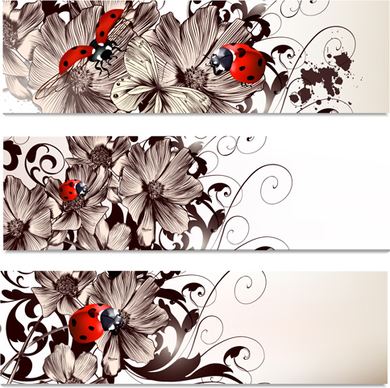 hand drawn flowers and coccinella vector banners