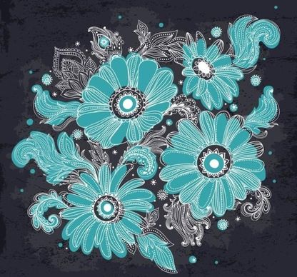 hand drawn flowers blue vector graphics