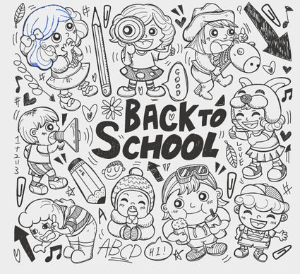 hand drawn kids with school elements vector