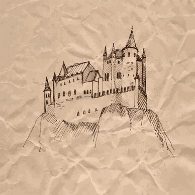 hand drawn medieval buildings and crumpled paper vector