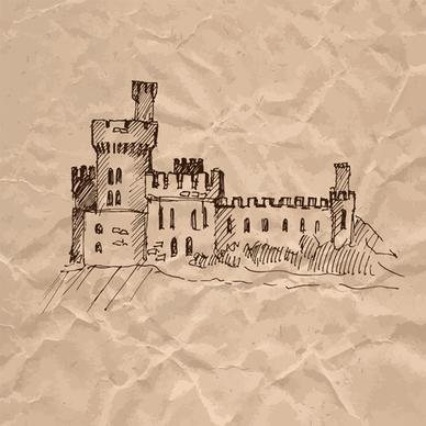 hand drawn medieval buildings and crumpled paper vector