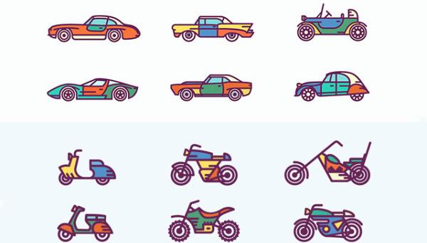 hand drawn motorcycles and cars icons