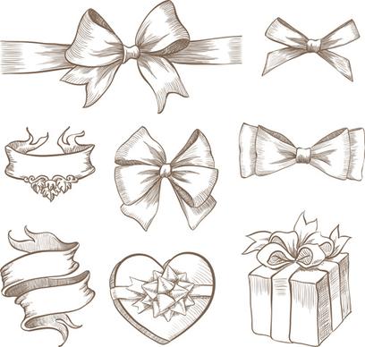 hand drawn ribbon bow and gift boxes vector