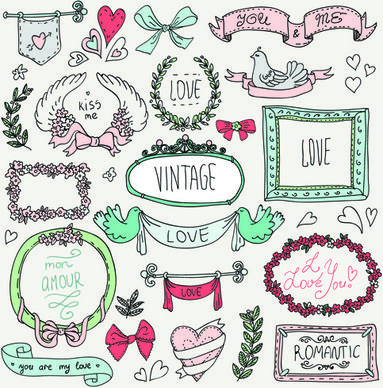 hand drawn romantic frame with ornaments elements vector