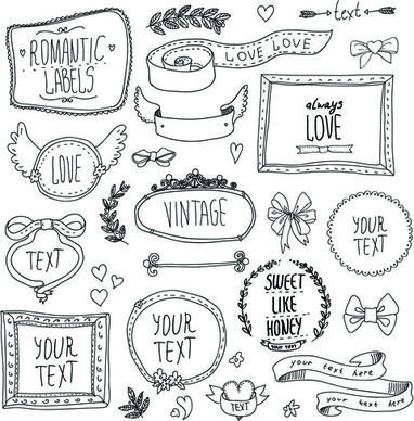hand drawn romantic frame with ornaments elements vector