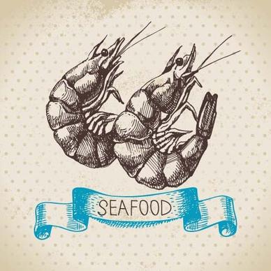hand drawn seafood with ribbon vectors
