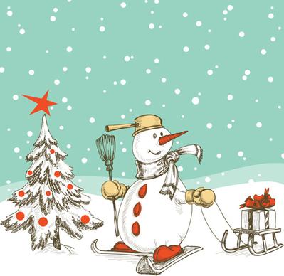 hand drawn snowman christmas background vector