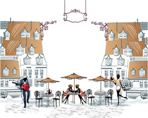 hand drawn streets cafe vector