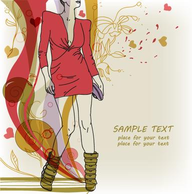 hand drawn woman with fashion art background vector