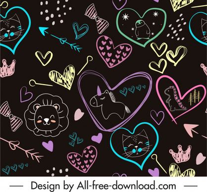handdrawn pattern colorful flat hearts animals arrows sketch