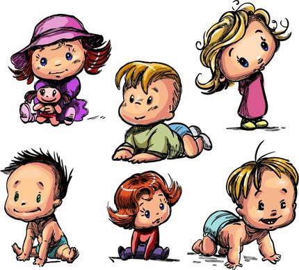 baby boys girls icons cute handdrawn cartoon sketch